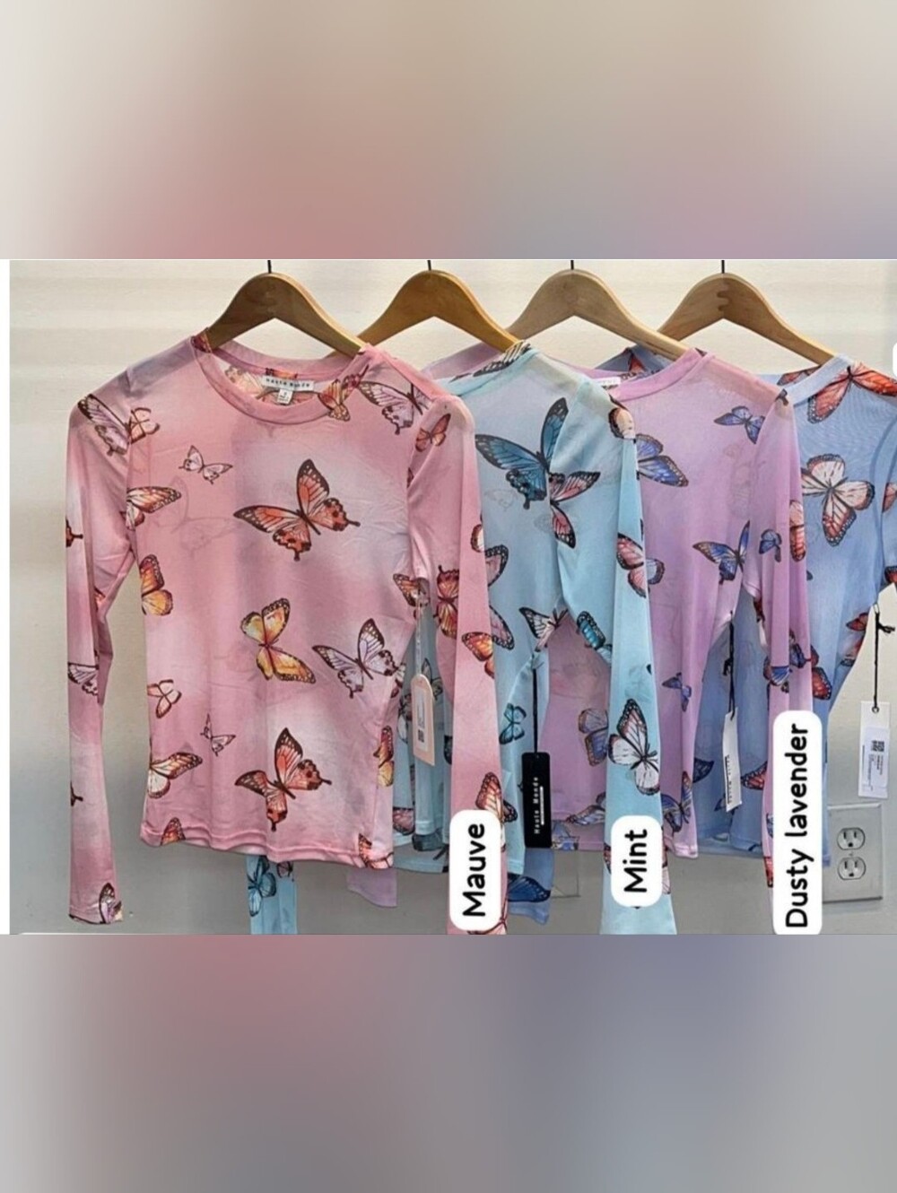 Butterfly Print Long Sleeve Top - Mesh